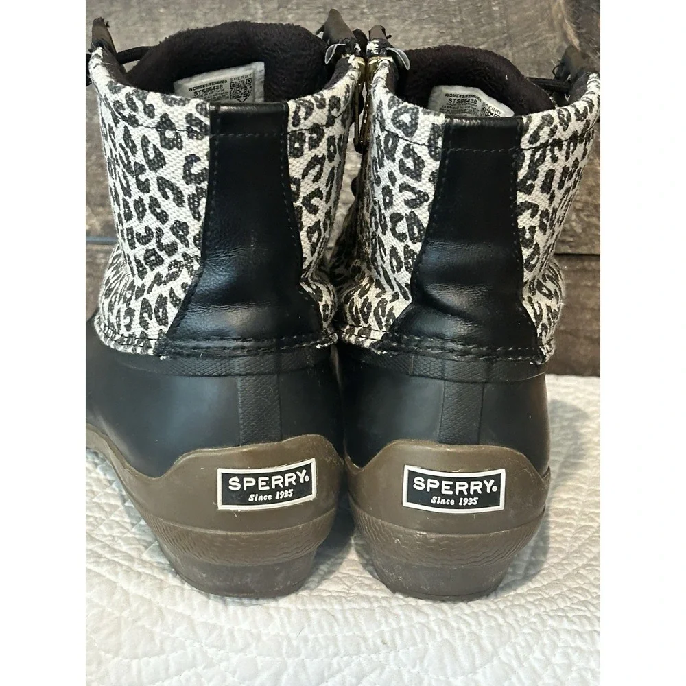 Sperry Saltwater Leopard Print Duck Rain Boots Women's 9.5 Black‎ STS86438